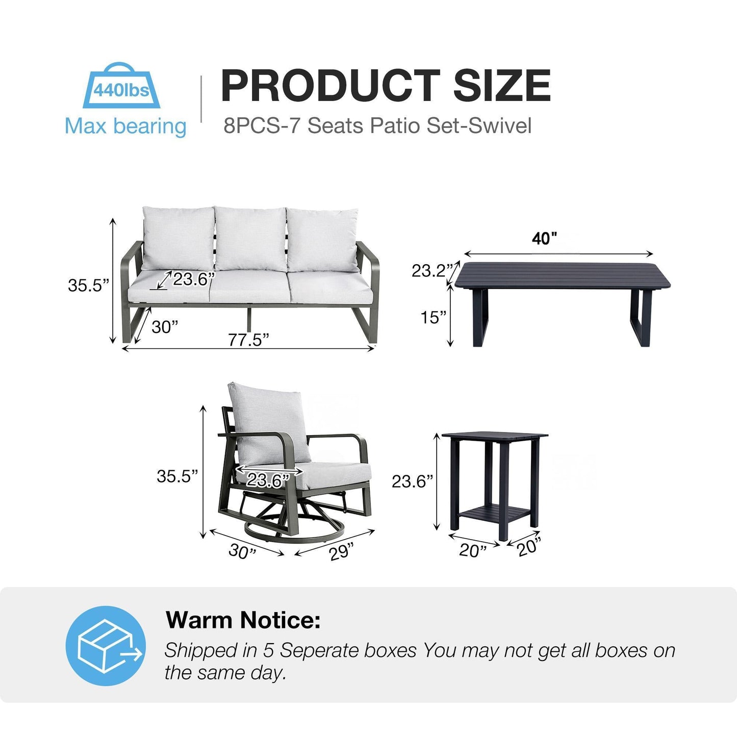 8 Piece Aluminum Patio Set Dark Gray Sofa Swivel