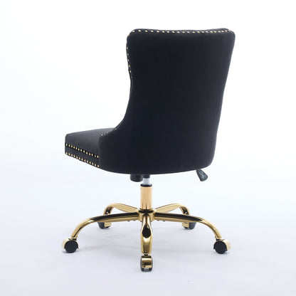 Swivel Office Chair Velvet Black Tufted Button Gold Metal Base 24.8x38.6 In