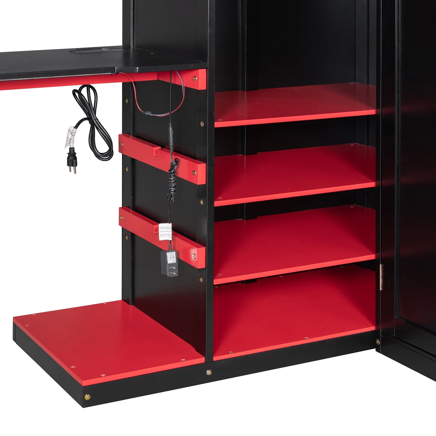 Full Size Wood Loft Bed with Desk, Multi-storage Shelves,USB and RGB Light, Red
