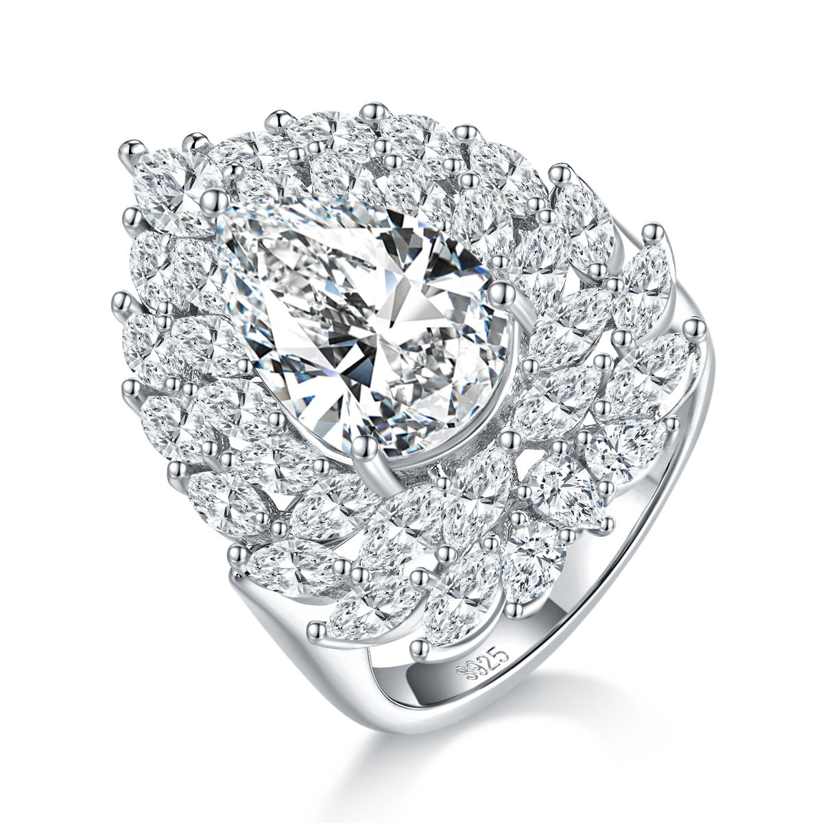 S925 Sterling Silver 4ct Pear Moissanite Ring, D-VVS1 Double Halo Setting, Platinum Plated 8.9g US Sizes 5-9, GRA Certified Gift Box