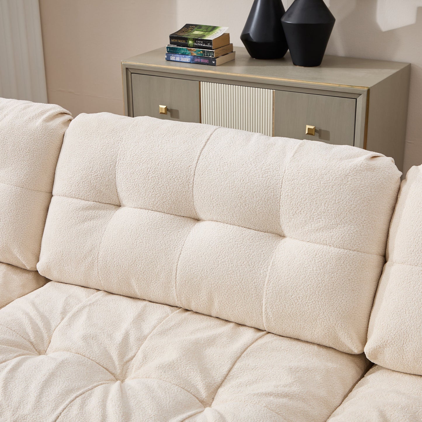 Sectional Sofa L-Shape Flannelette Beige 4 Seat Ottoman 123 In Deep Seat