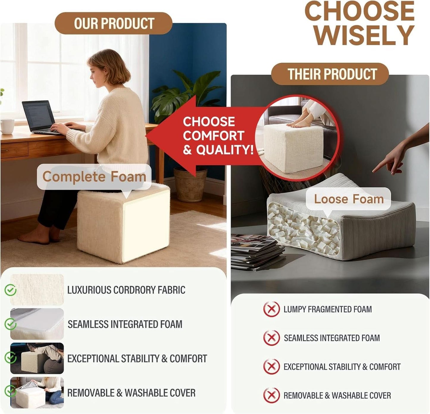 Cream Square Luxurious Upholstered Foam Pouf Ottoman