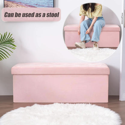Pink 43 Inch Velvet Lux Foldable Storage Ottoman Bench