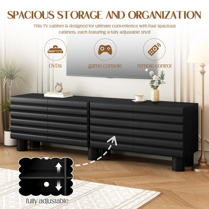 TV Stand Wavy Door Black MDF 4-Cabinet Cylindrical Legs Fits 70 In TV