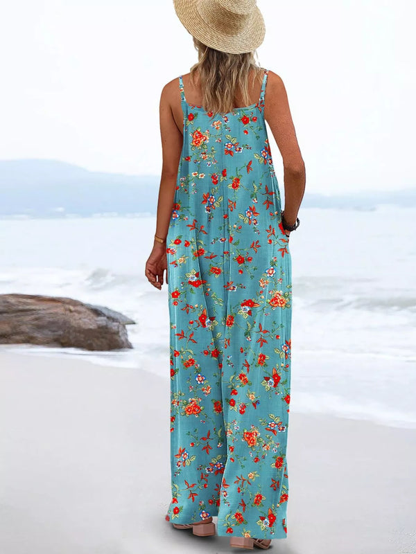 Full Size Floral Print Wide Leg Spaghetti Strap Overalls Plus Size