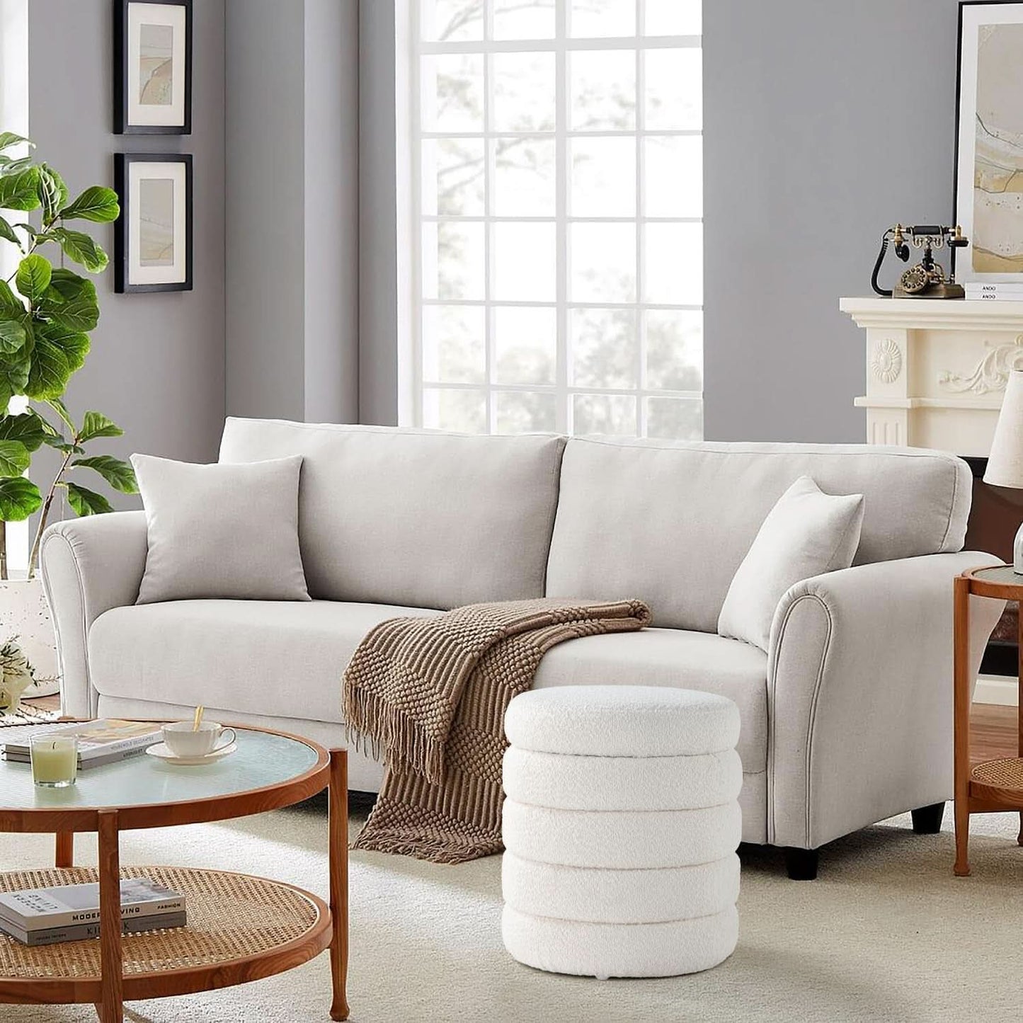 Round Ottoman With Hidden Storage And Cushioned Top