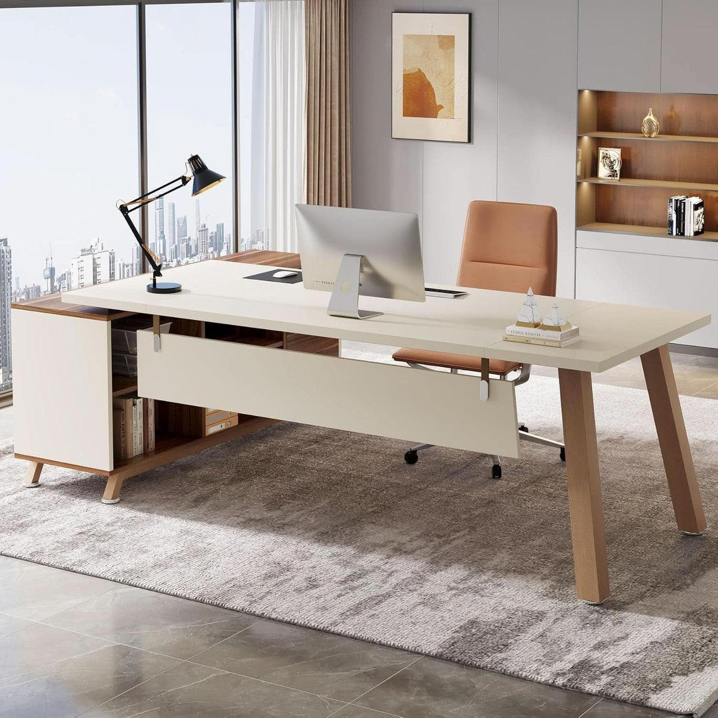 71 Inch Walnut White L Shaped Desk With 55 Inch Cabinet
