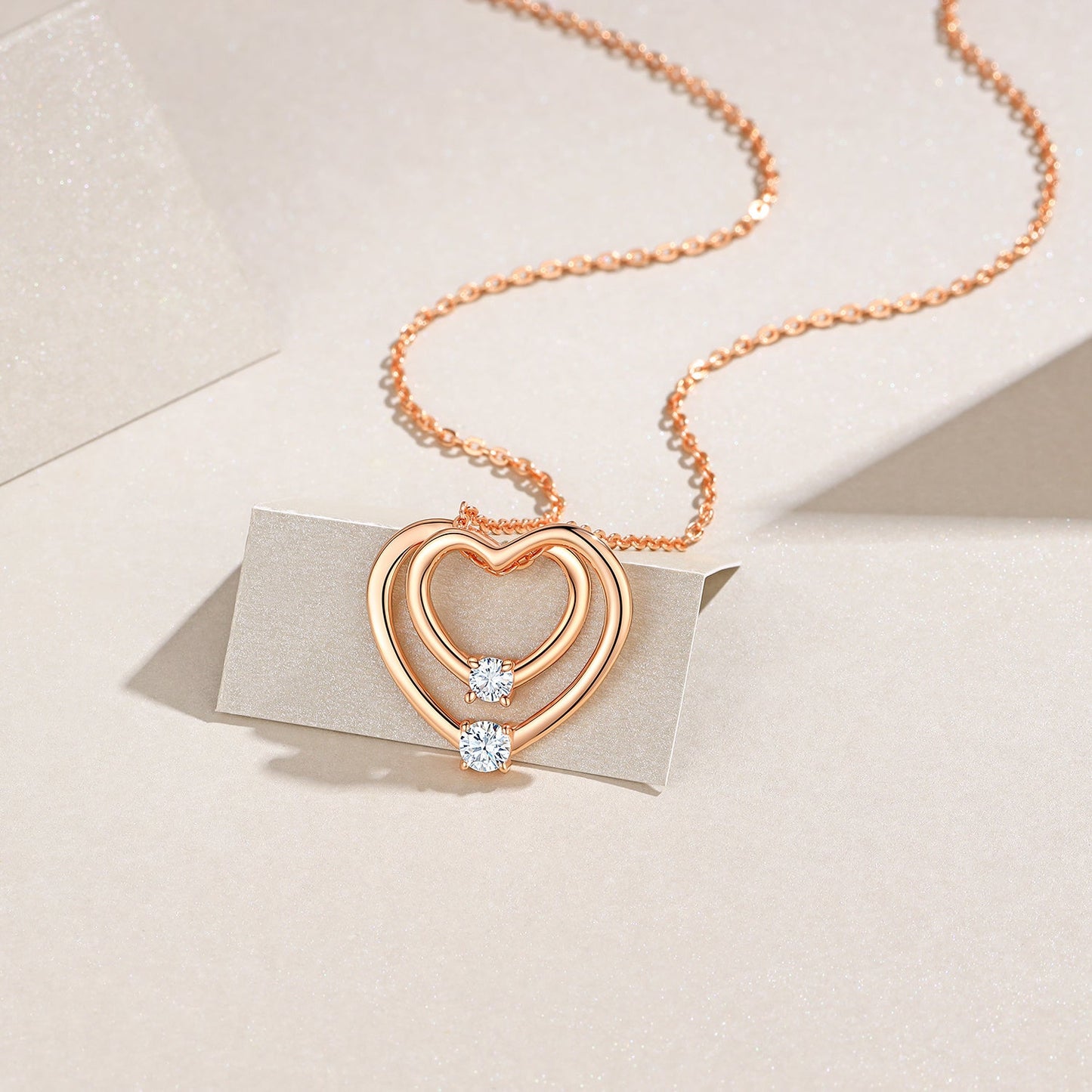 S925 Sterling Silver Rose Gold Double Heart Necklace, D-VVS1 Moissanite Pendant, 40&455cm Adjustable Chain, Women's Jewelry Gift Box With GRA Certificate