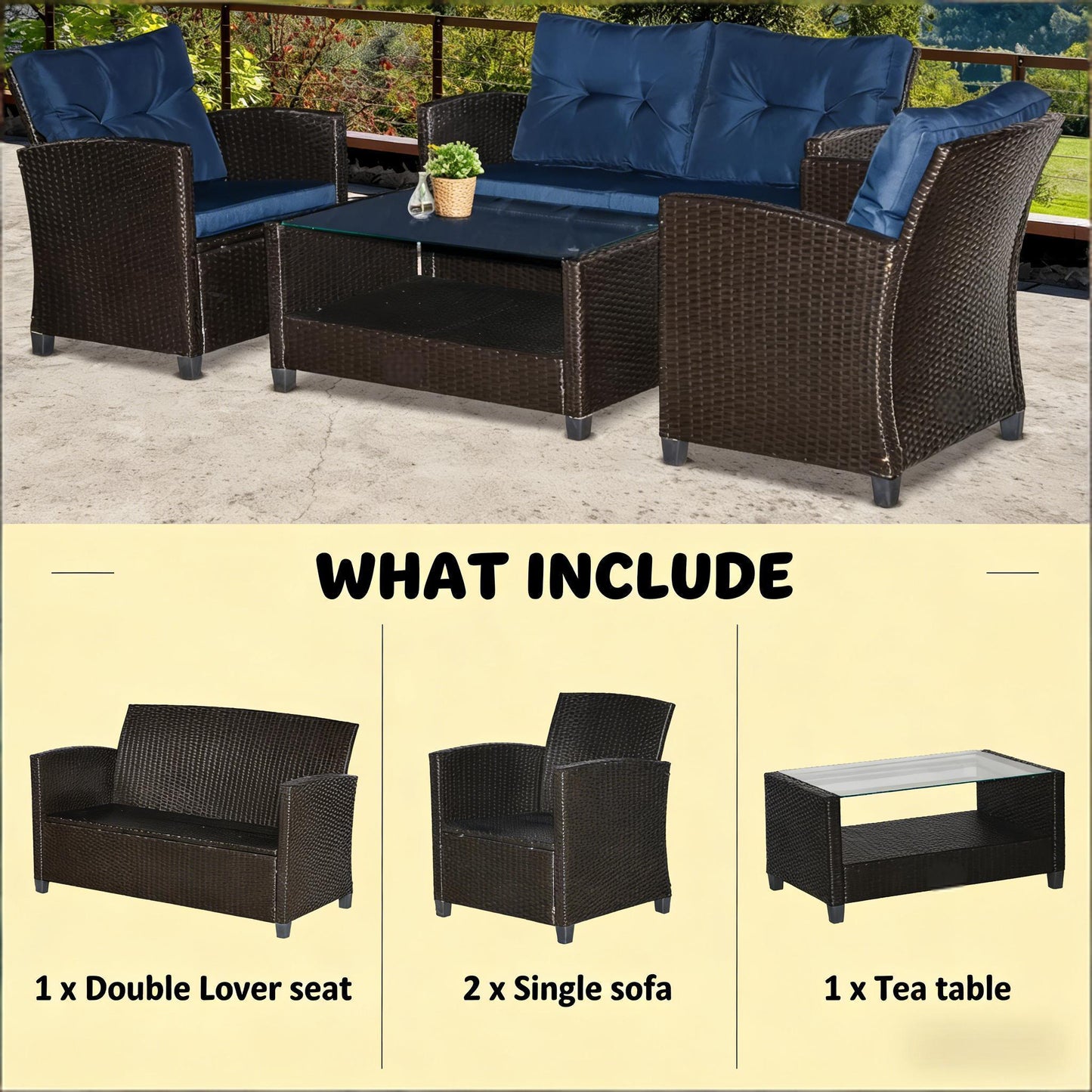 Outdoor Sectional Set PE Wicker Steel Coffee Blue Cushion 4 Piece Seats 4