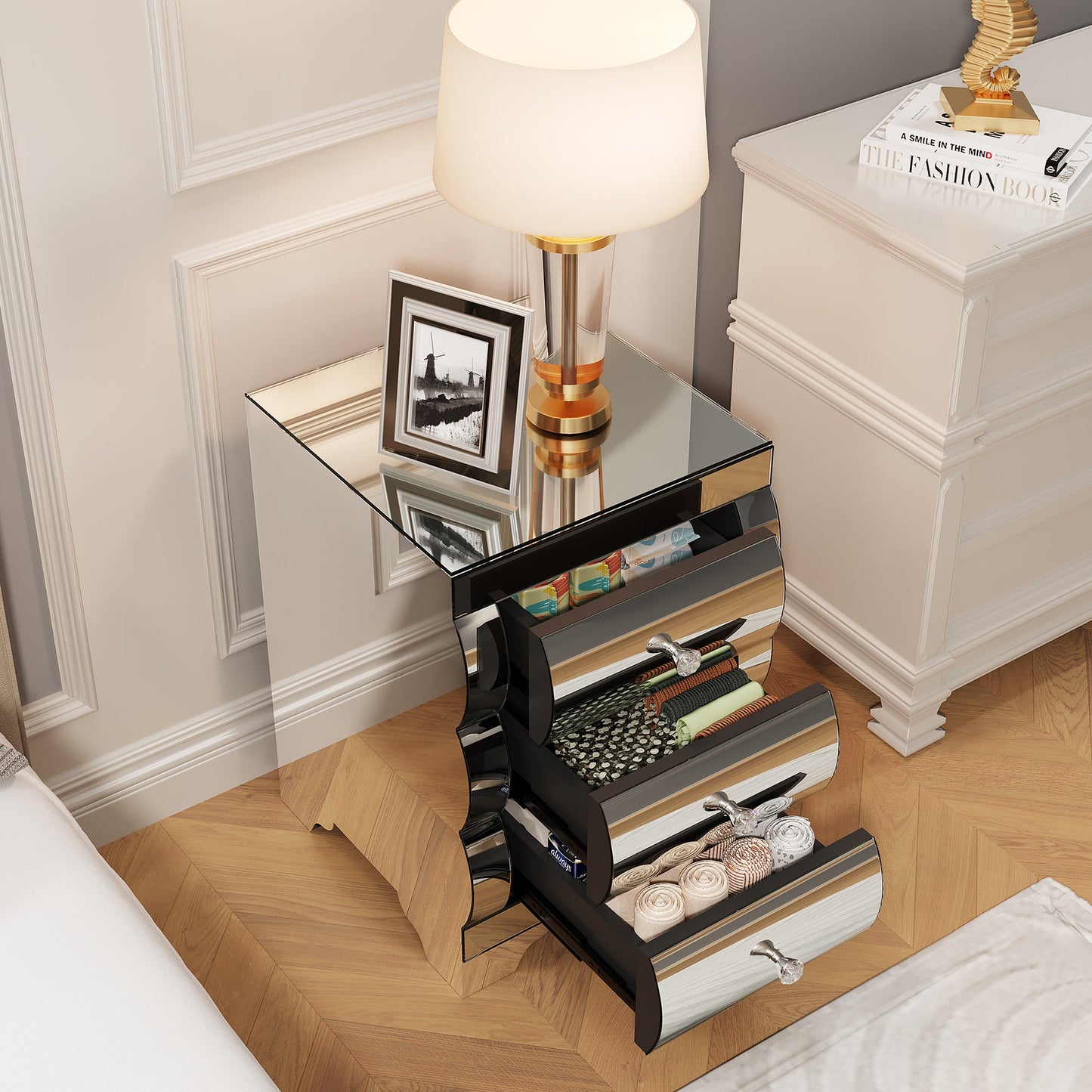Curved Mirror Nightstand with 3-Drawer Glass Bedside Table, Silver, Bedroom
