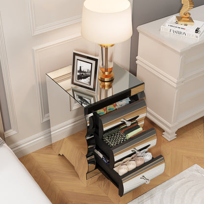 Curved Mirror Nightstand with 3-Drawer Glass Bedside Table, Silver, Bedroom