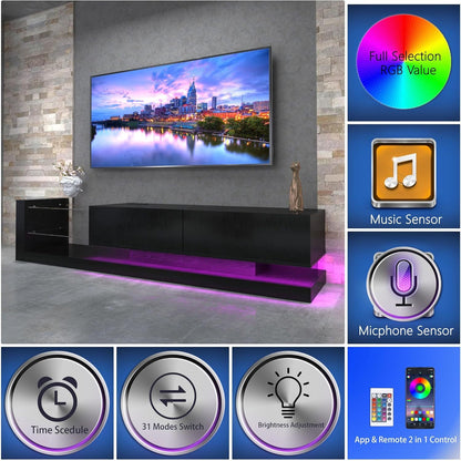 TV Stand LED Black Particle Board Tempered Glass Shelves Fits 75 In TV