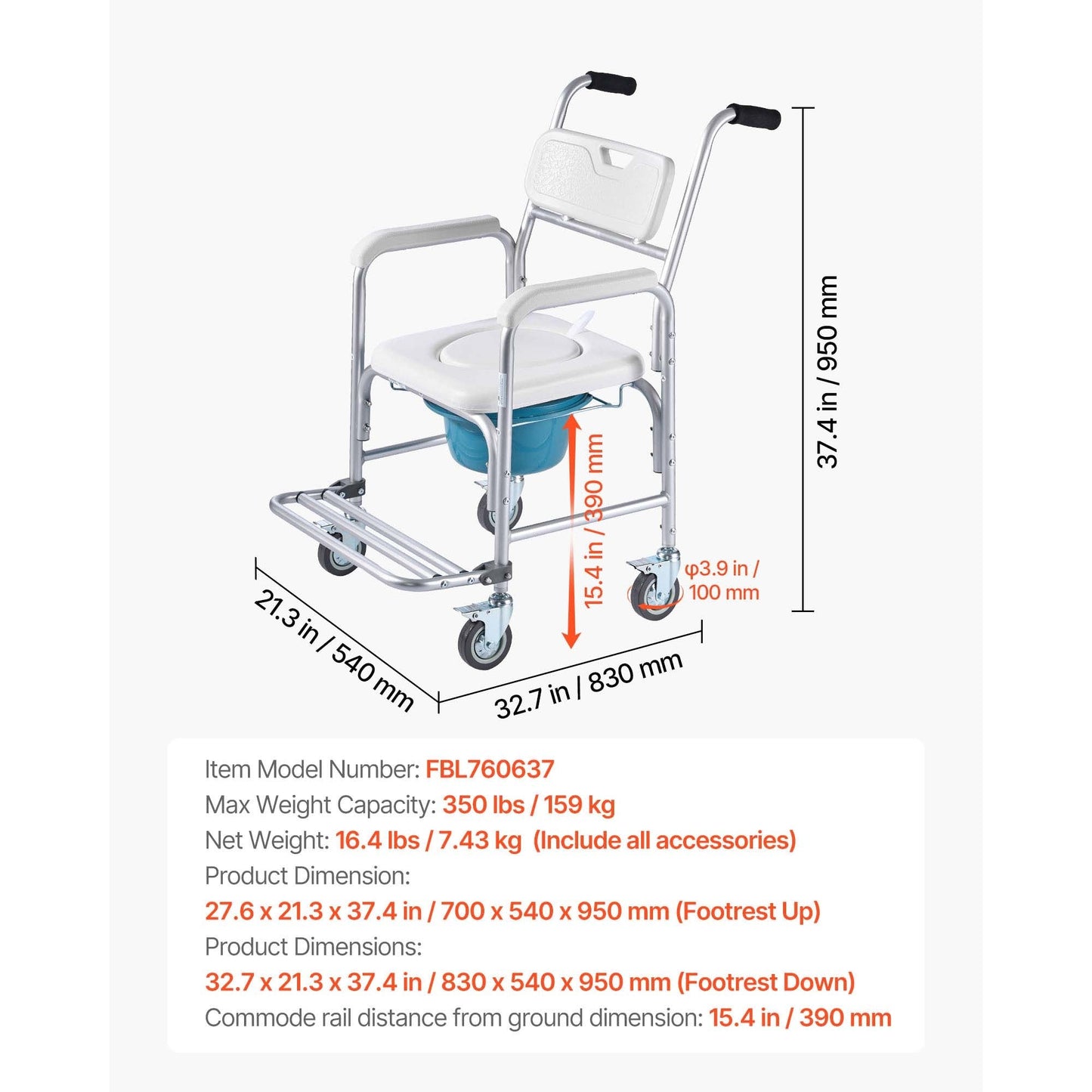 Commode Chair 4-Wheel 4-in-1 Aluminum 350 LB Rolling Lockable Padded Seat