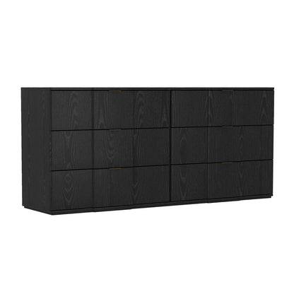 Dresser Modern 6-Drawer Black Gold MDF Sculpted Fronts Metal Handles 72 In