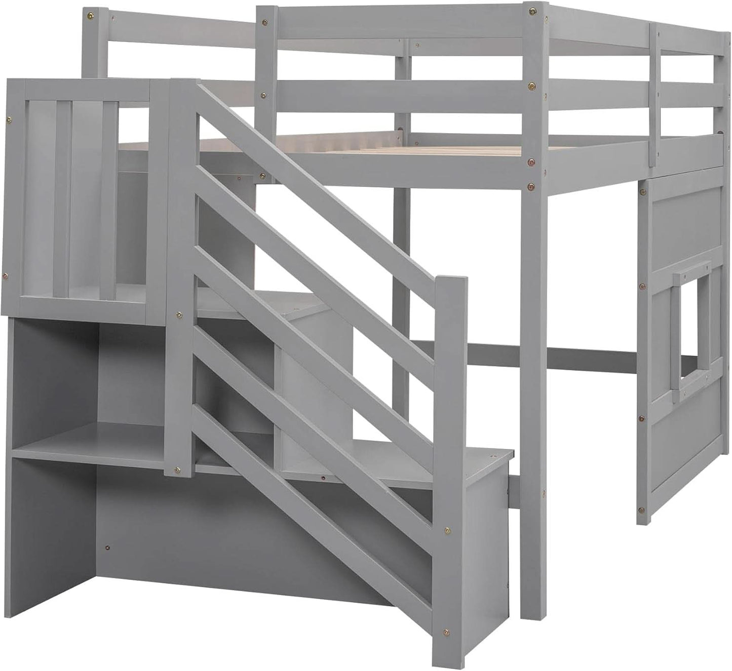 Twin Size Low Loft Bed In Gray With Stairs Storage