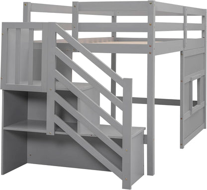 Twin Size Low Loft Bed In Gray With Stairs Storage