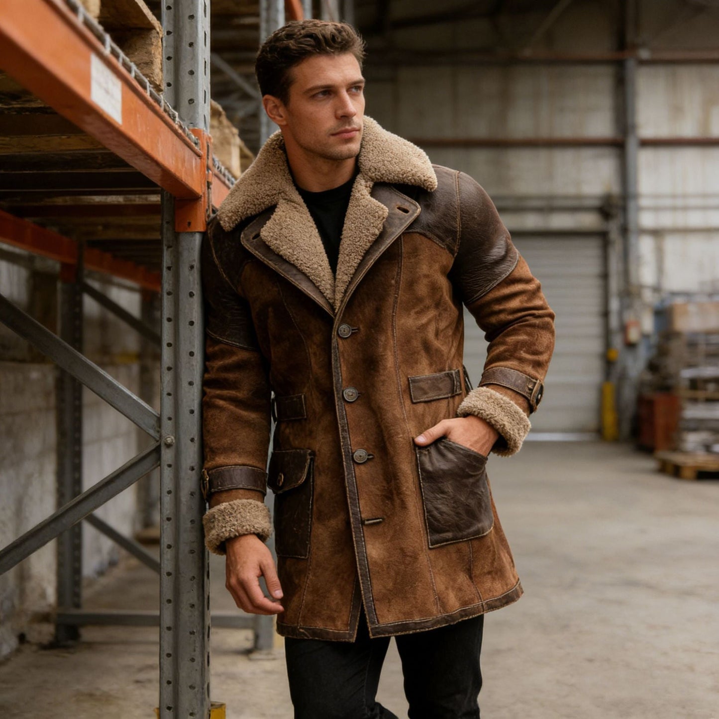 Mens Retro Patchwork Suede Coat, Long Style For Fall And Winter
