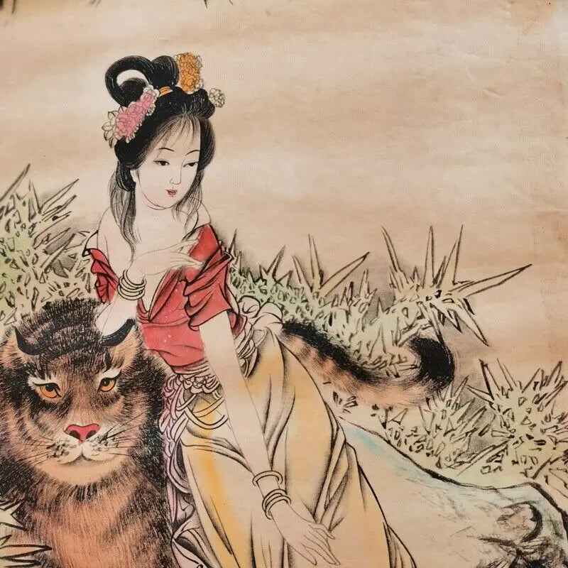 Chinese “Tiger Girl” Four‑Screen Calligraphy & Painting Scroll