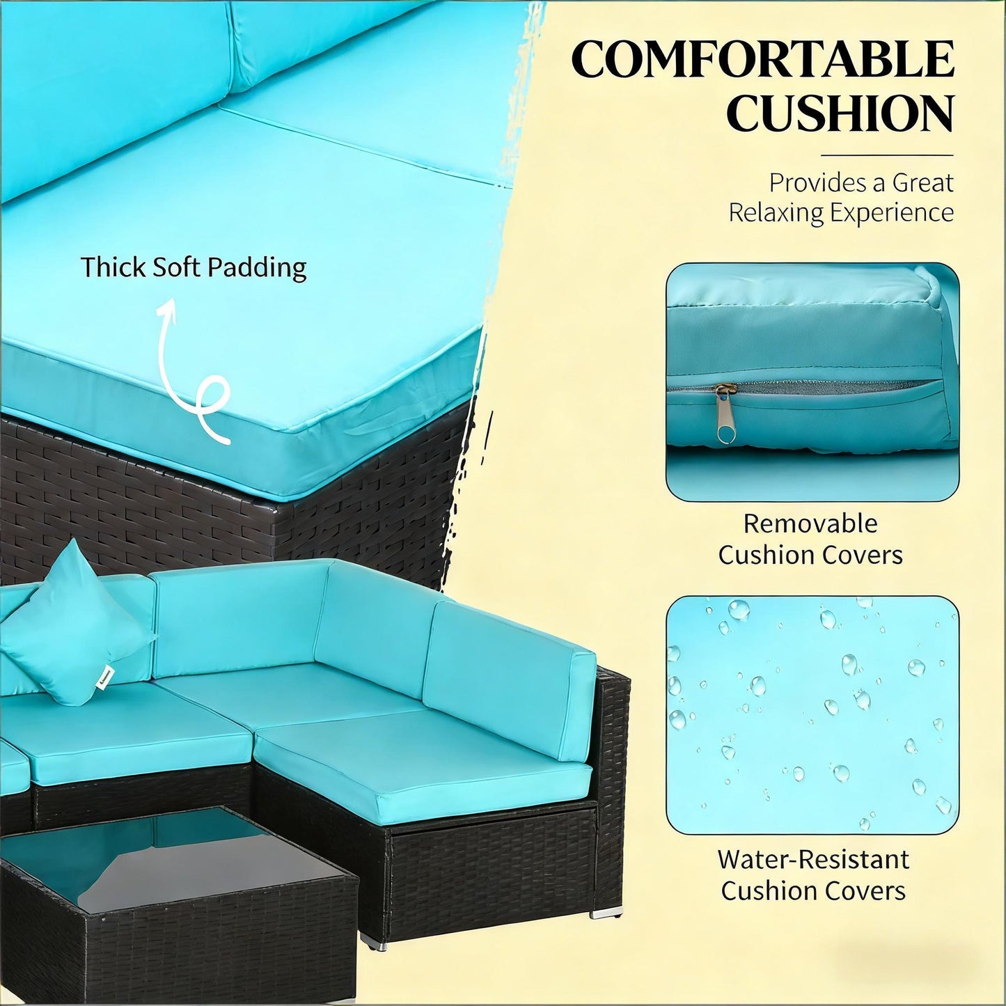 Outdoor Sectional Set PE Rattan Steel Turquoise 7pc