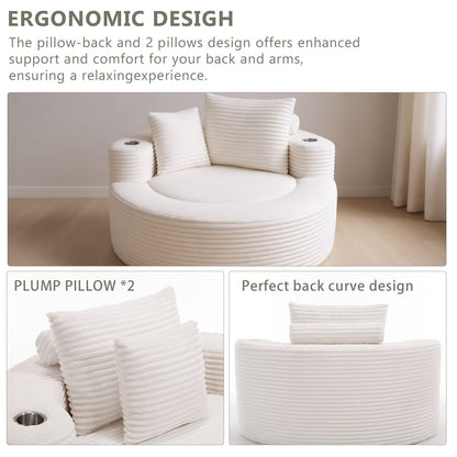 Sofa Round Memory Foam Velvet White with Cup Holder 55 In
