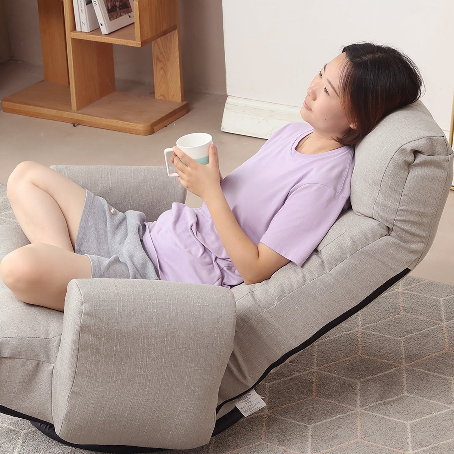 Floor Gaming Lounge Chair Swivel 360 Linen Gray 5-Position Adjustable 31x43 In