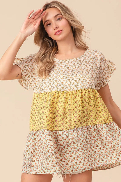 BiBi Flroal Printed Woven Color Block and Tiered Top