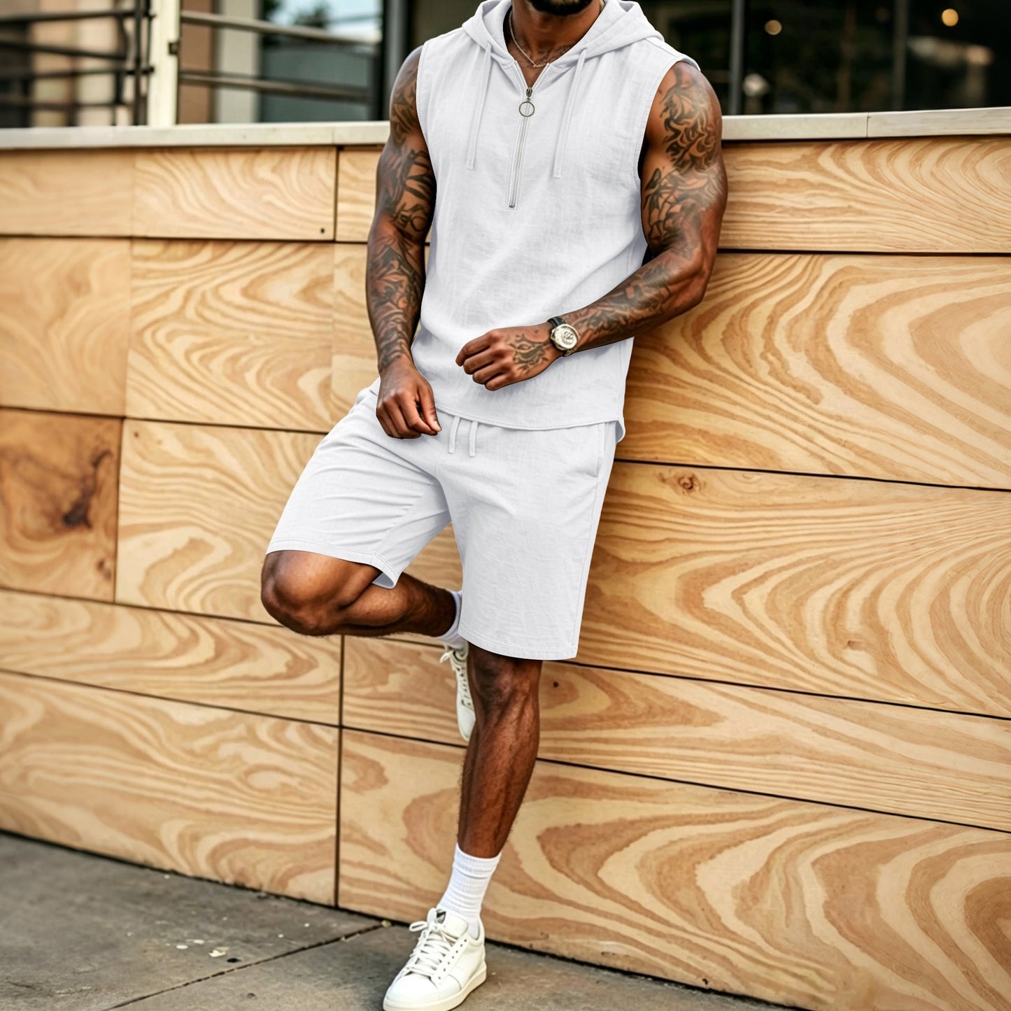 Mens Summer Loose Casual Hooded ZipUp Sleeveless Set