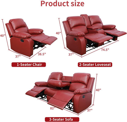 Leather Recliner Sofa Set 3 Piece For Living Room Red