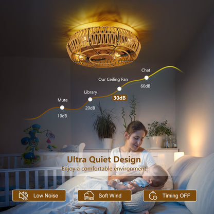 Ceiling Fan Caged Boho Flush Mount with Light Remote 6 Speed 19 In