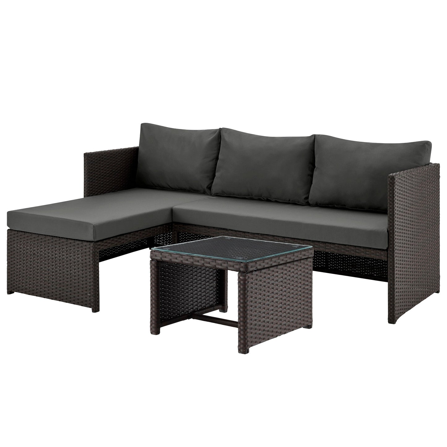 Outdoor Patio Set PVC Rattan Steel Brown Gray 3 Piece with Chaise