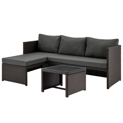 Outdoor Patio Set PVC Rattan Steel Brown Gray 3 Piece with Chaise