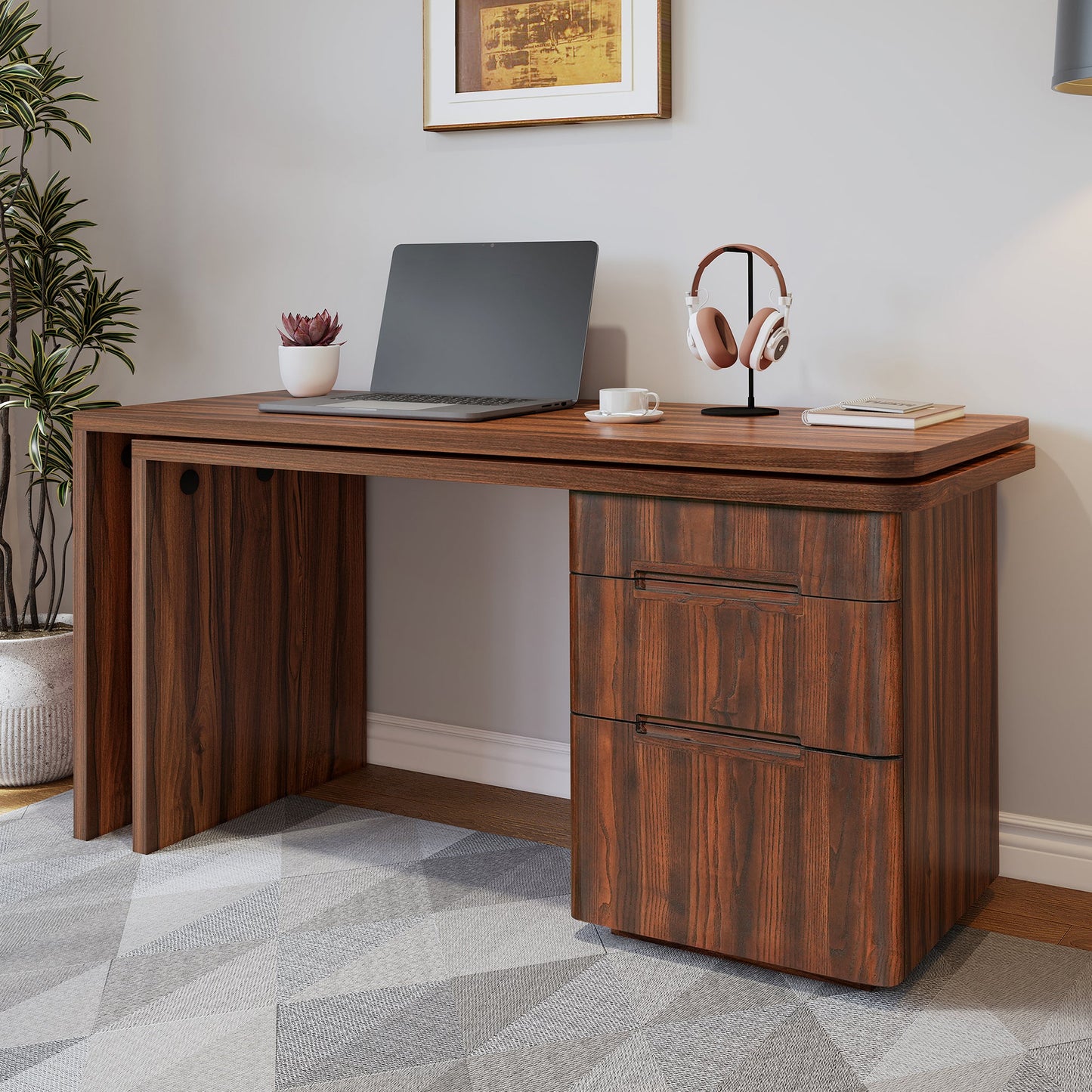 90' Modern L Shaped Desk in Walnut with 3 Drawers,360deg Wood Rotating Desk,Exe...