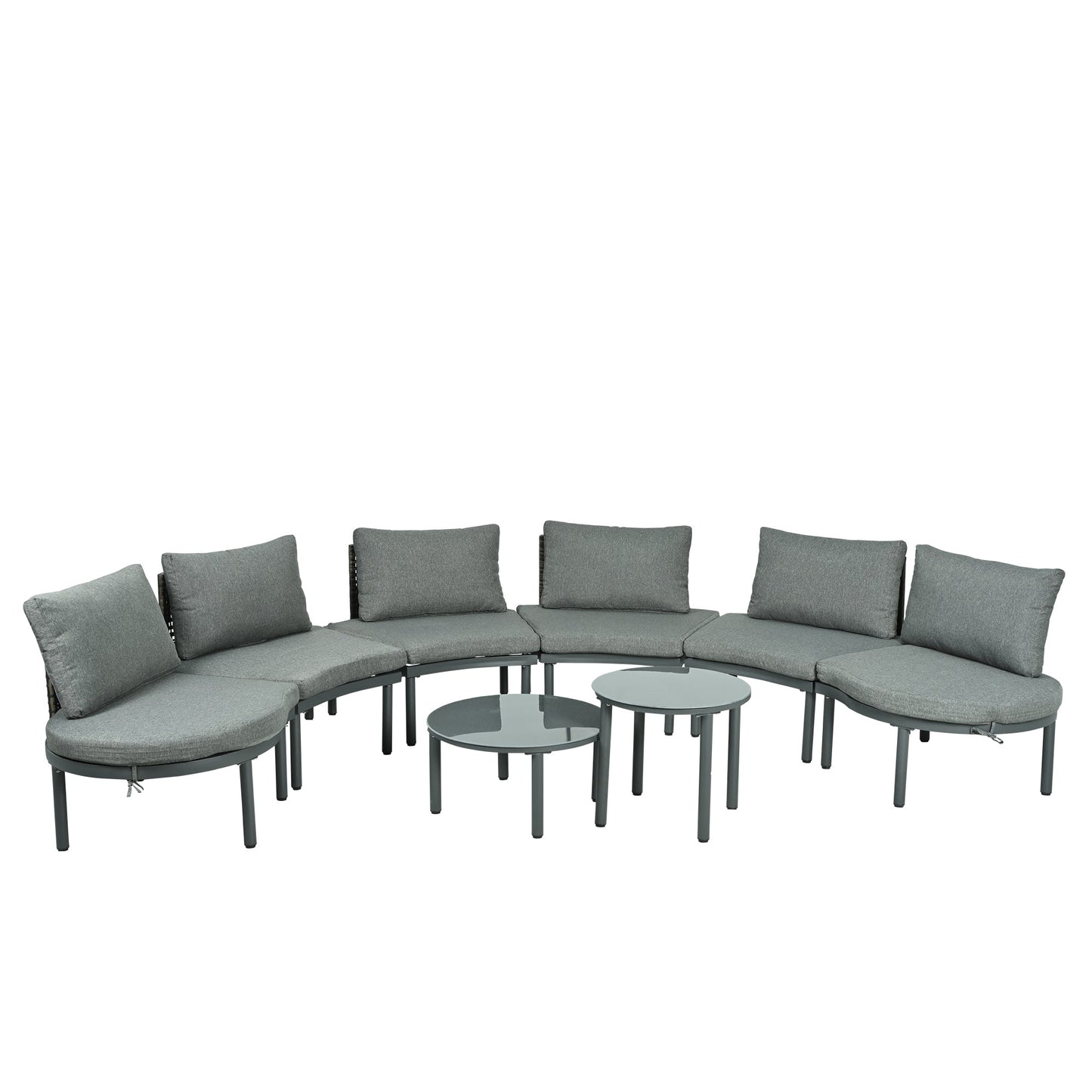 Outdoor Patio Set Half Moon Wicker Aluminum Gray 8 Piece 2 Tables