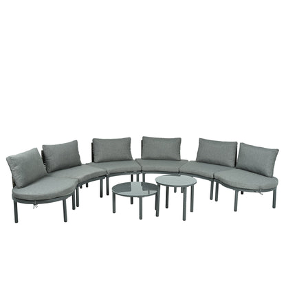 Outdoor Patio Set Half Moon Wicker Aluminum Gray 8 Piece 2 Tables