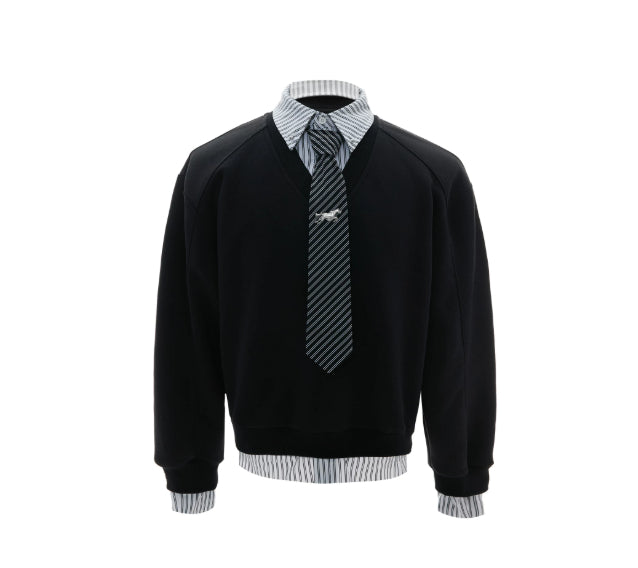 Striped Mock-two-piece Lapel Hoodie Cropped And Relaxed-fit