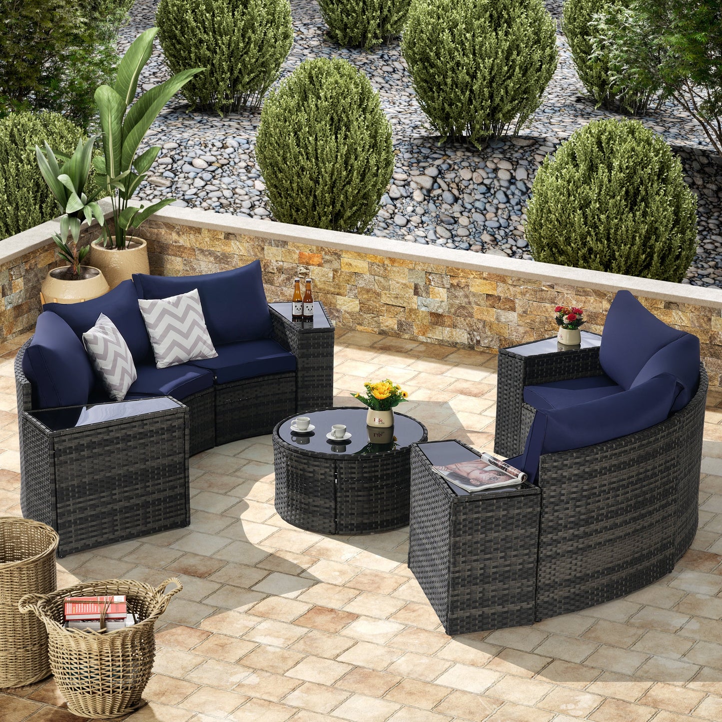 Outdoor Sectional Set PE Rattan Dark Blue Half Moon 11 Piece