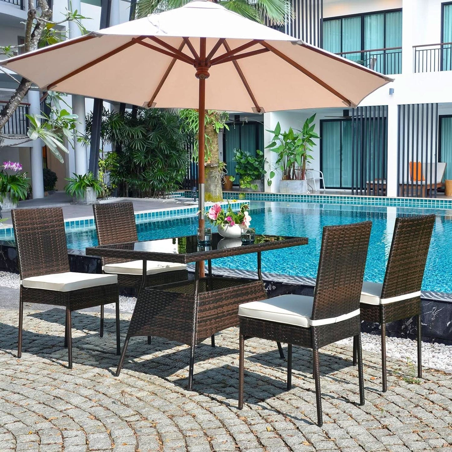 5 Piece Outdoor Patio Wicker Dining Set With Tempered Glass Table