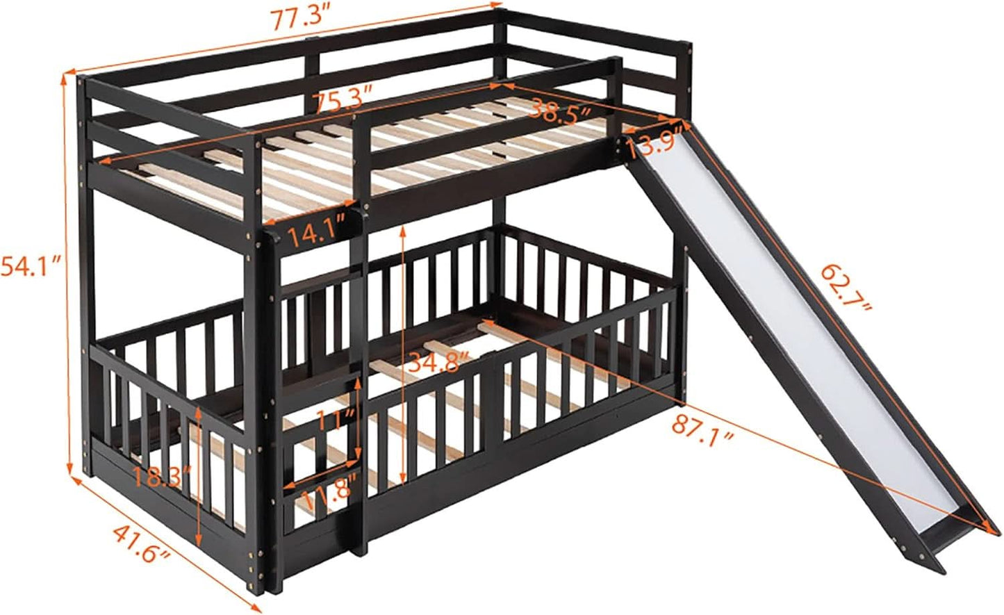 Twin Over Twin Floor Bunk Bed With Slide And Ladder