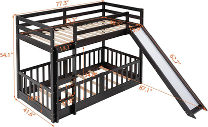Twin Over Twin Floor Bunk Bed With Slide And Ladder