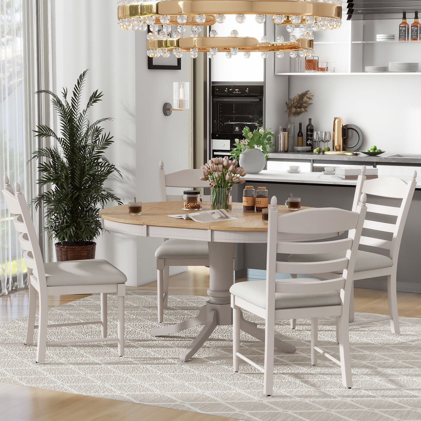 5-Piece Retro Functional Dining Table Set Wood Round Extendable Dining Table