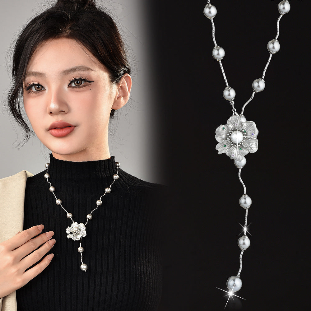 Dainty Flower Zircon Pearl Sweater Chain For Women, Pull Adjustable Wavy Silver Long Necklace, Elegant Minimal Fashion Jewelry