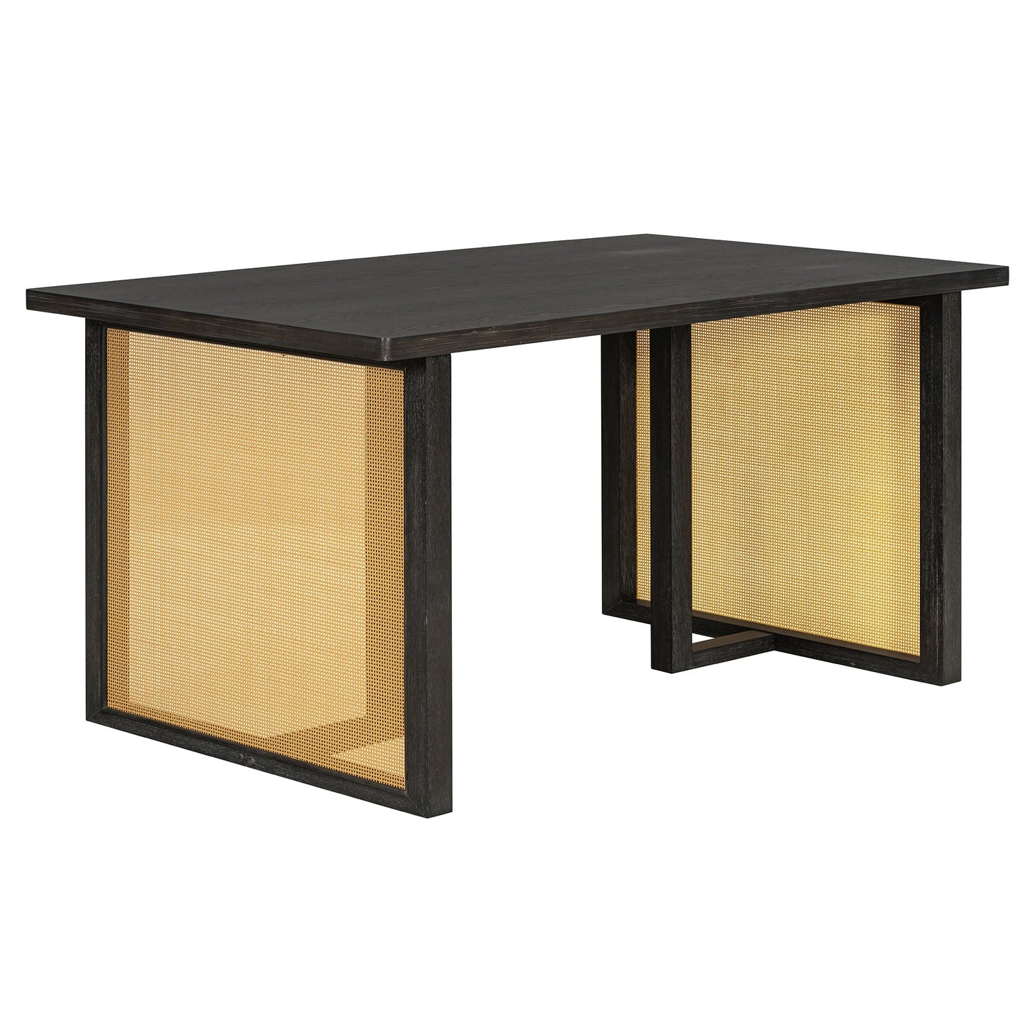 7-Piece Farmhouse Dining Table Set for 6, 59.8 in Rectangular Table with Rattan Chairs
