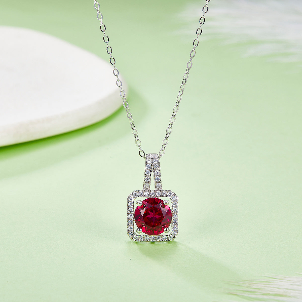 S925 Sterling Silver 2ct Lab-Grown Ruby Emerald Pendant Necklace, Platinum Plated Square Halo With Split Pave Bail, Women's Fine Jewelry Gift Box
