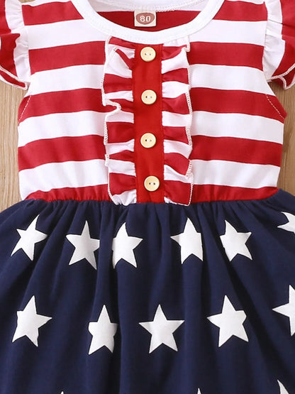 Striped & Stars Ruffled Round Neck Cap Sleeve Dress