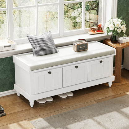 Entry Bench Fluted MDF White Cushioned Seat 3 Drawers 44x16x19