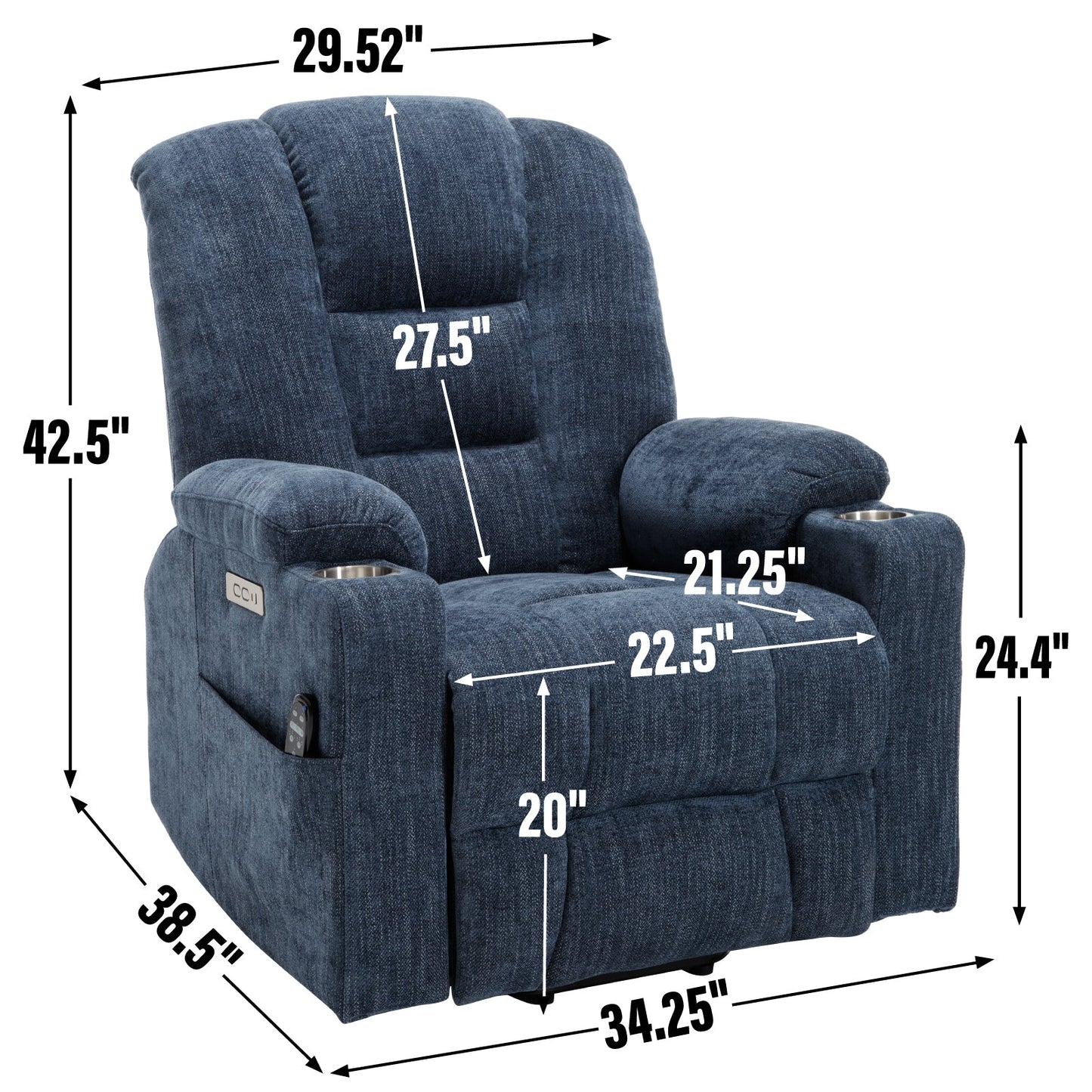 Lift Recliner Chair Power Chenille Blue Heat Massage USB Cup Holders 350 LB