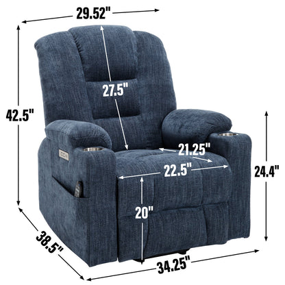 Lift Recliner Chair Power Chenille Blue Heat Massage USB Cup Holders 350 LB