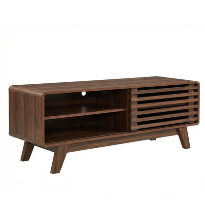 TV Stand Walnut MDF Slatted Sliding Door Fits 50 In TV Cable Management