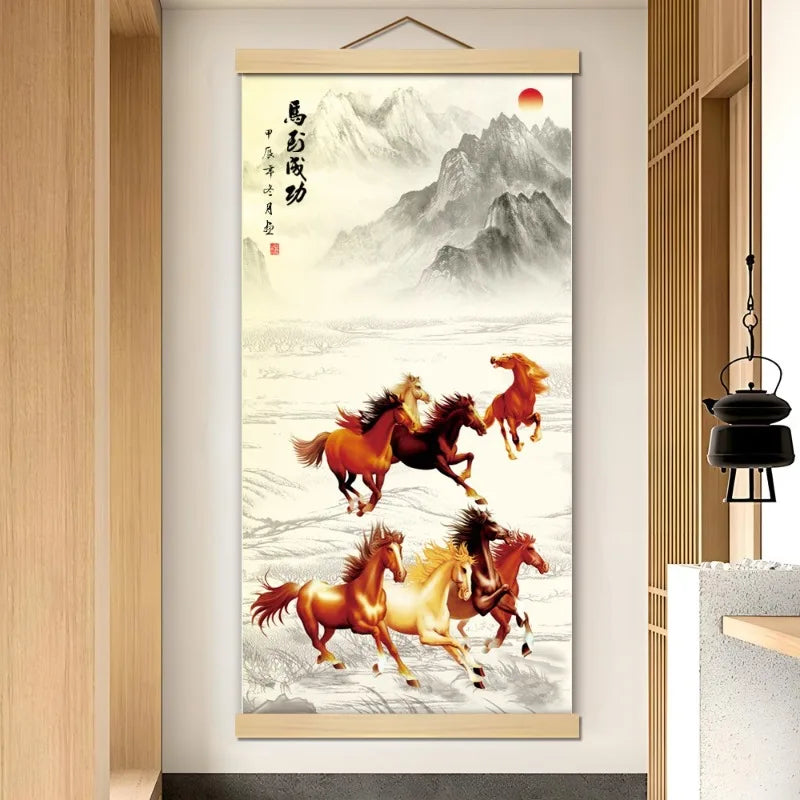 Silk Eight Horses Poster Canvas Scroll Painting Chinese Style Hanging Painting Living Room Office Room Decor Anime Aesthetic