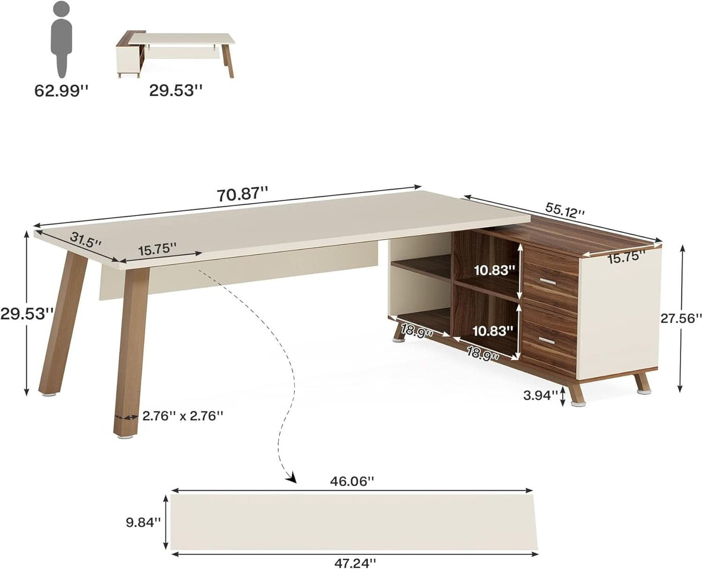 71 Inch Walnut White L Shaped Desk With 55 Inch Cabinet
